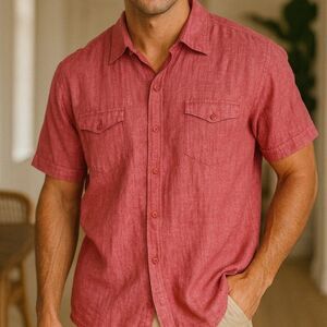 Cafe Luna Red Linen Cotton Button Down Shirt Short Sleeve Men’s M Vacation Comfy